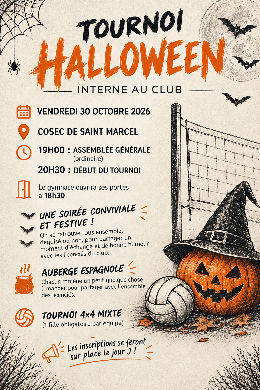 Affiche du tournoi Halloween de l’EVVSM, vendredi 30 octobre 2026 au COSEC de Saint-Marcel